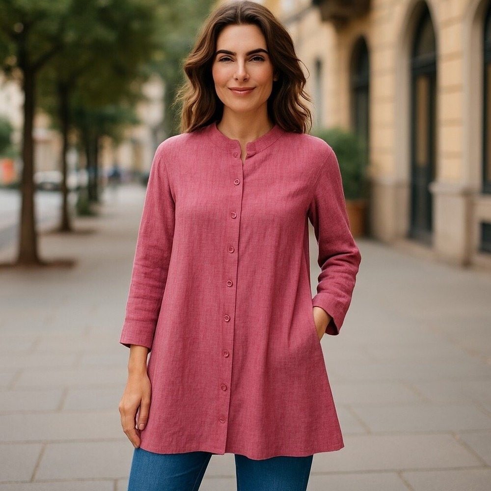 Villager by Liz Claiborne Shirt‎ Women's 3 Red Linen Long Sleeve Button Front